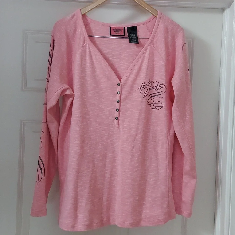 Harley-Davidson Pink Long Sleeve Henley Tee - Picture 1 of 6